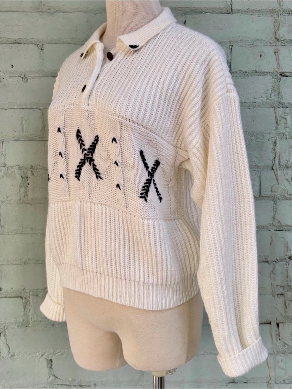 Vintage Cream Polo Sweater with Black Embroidery